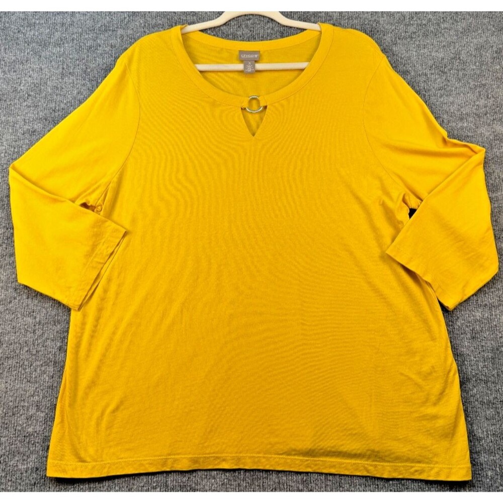 Chico’s Size 3 XL Yellow 3/4 Sleeve Ring Keyhole Neck Top Soft Cotton Blend